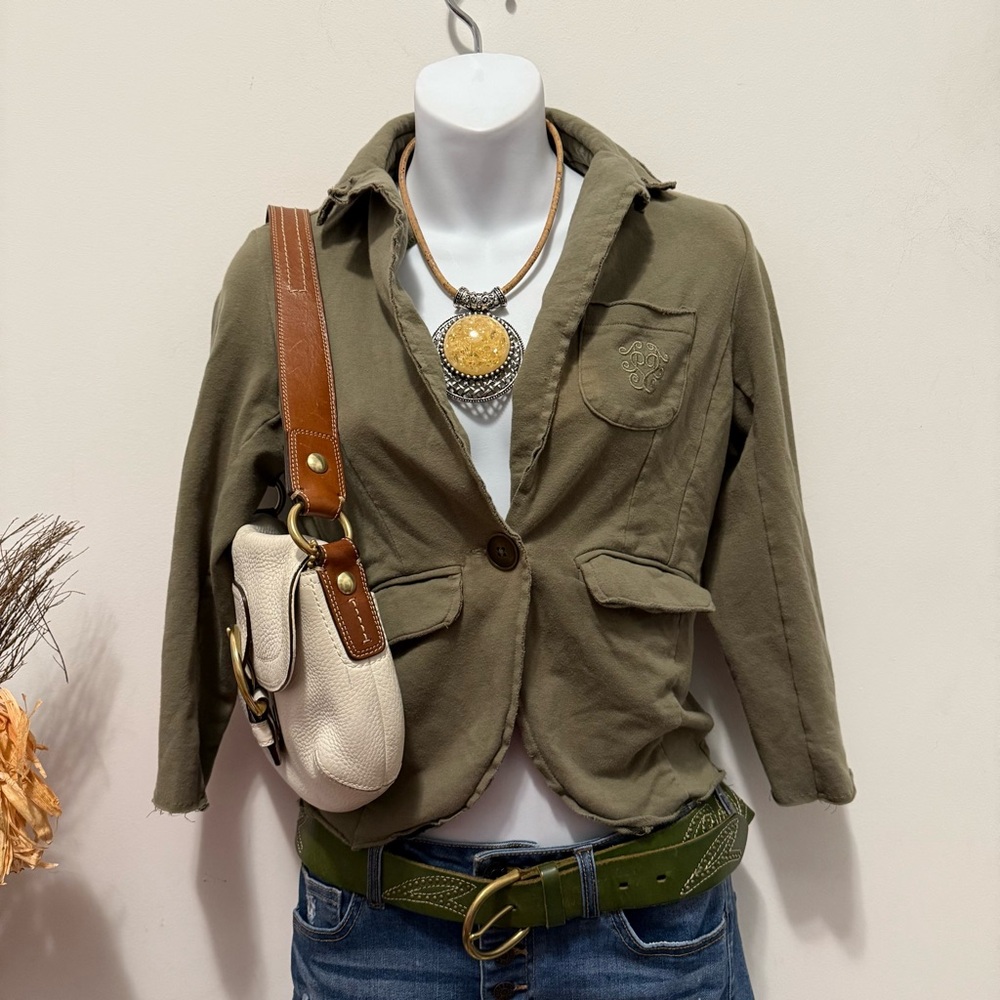 2000s Jessica Simpson green/khaki one button cardigan jacket🍁
